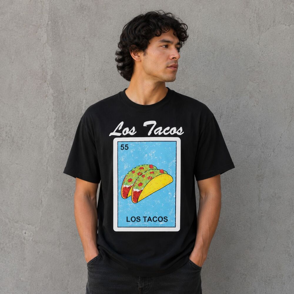 Men Graphic T-Shirt Los Tacos Mexican Casual Black Tee Size XL
